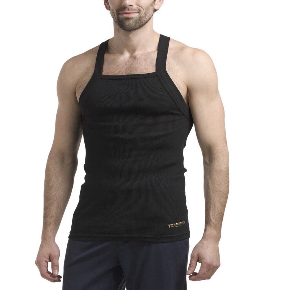 True Religion Square Cut Ribbed Tank Top Men L Black Logo Shirt